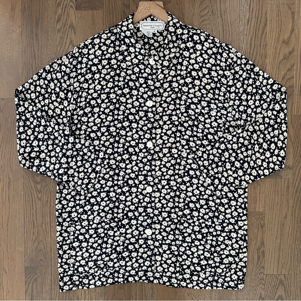 Vintage Ditsy Floral Print Long Sleeve Crepe Shirt Jacket Navy and Cream Medium